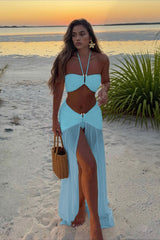 Halter Slit Long Dress Three Piece Swim Set