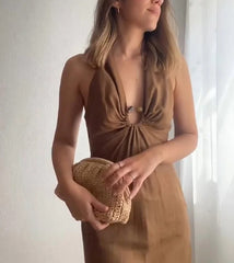 Robe midi moulante dos nu en tulle à boucle