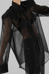 Chemisier chic ample à manches longues en maille transparente
