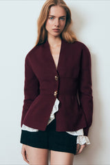 Cardigan à col en V, manches longues et boutons métalliques, ourlet fendu