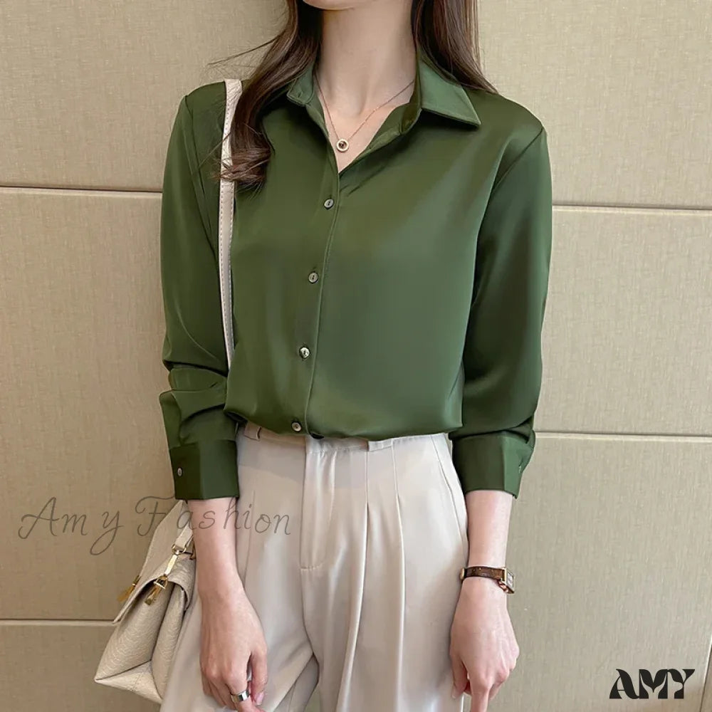 Fashion Silk Long Sleeve Solid Casual Shirts Lady Turn Down Collar White Tops Blouse