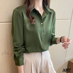 Fashion Silk Long Sleeve Solid Casual Shirts Lady Turn Down Collar White Tops Blouse