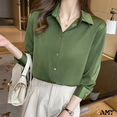 Fashion Silk Long Sleeve Solid Casual Shirts Lady Turn Down Collar White Tops Blouse Green / S