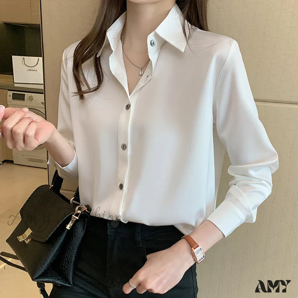 Fashion Silk Long Sleeve Solid Casual Shirts Lady Turn Down Collar White Tops Blouse White / S