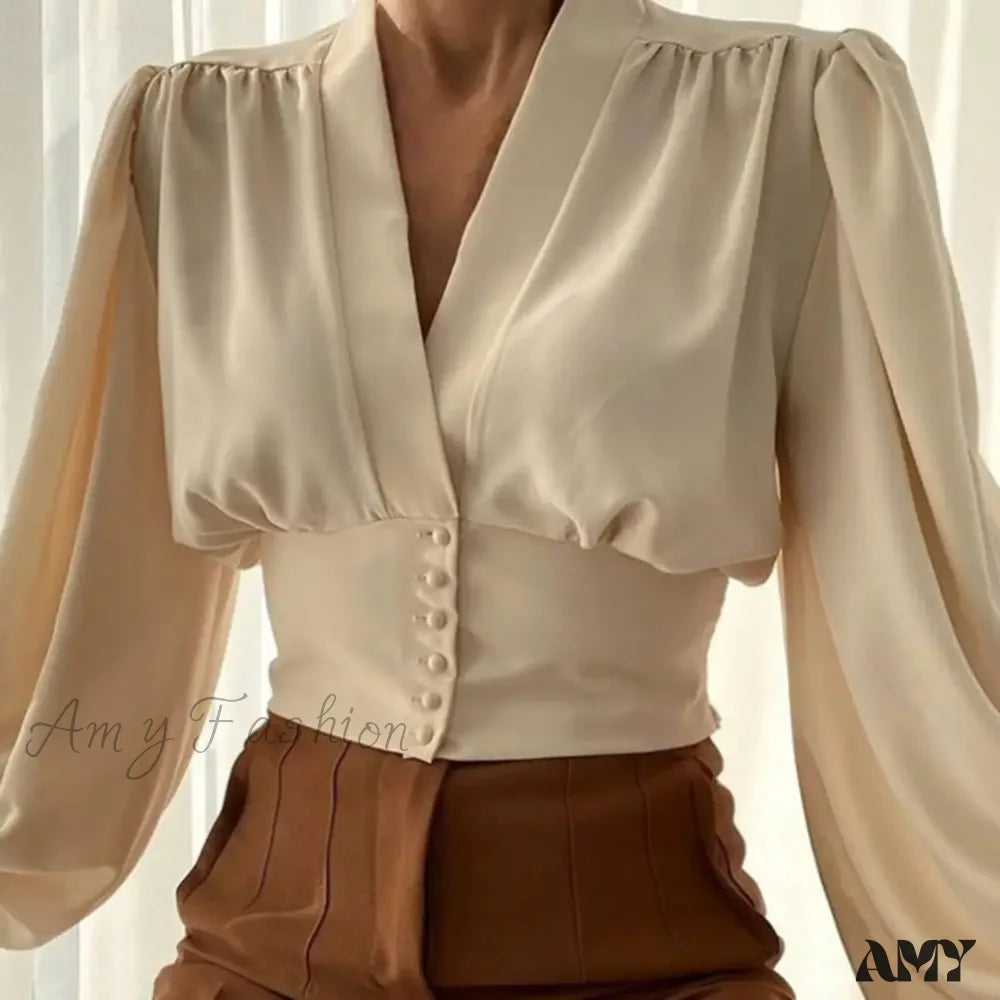 Fashion V-Neck Tight Shrinkable Cuffs Flower Print Blouse