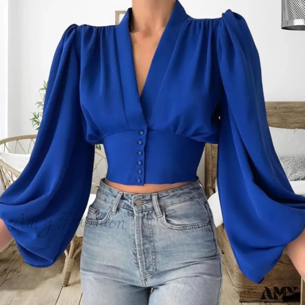 Fashion V-Neck Tight Shrinkable Cuffs Flower Print Blouse
