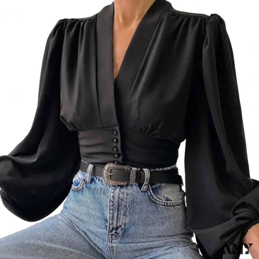 Fashion V-Neck Tight Shrinkable Cuffs Flower Print Blouse Black / M