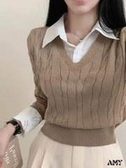 Fashion Winter Knitted Women Casual V-Neck Pullover All-Match Loose Sweater Khaki / One Size