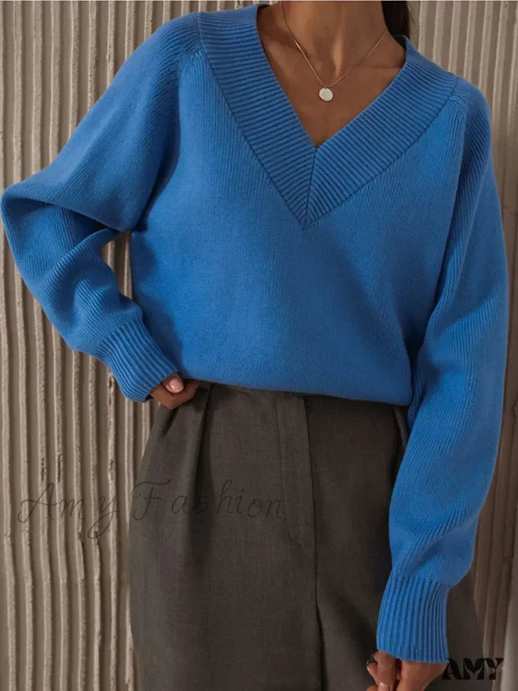 Fashion Woman Winter 2024 Vintage Oversize Female Knitted Top V-Neck Long Sleeve Cozy Chic Autumn