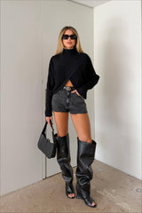 Cross Front Hem Cropped Turtleneck Knit Sweater