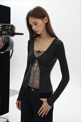 Cutout Mesh Layered Slim Long Sleeve T-shirts