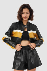 Veste courte slim sexy à empiècements contrastés en PU et col montant