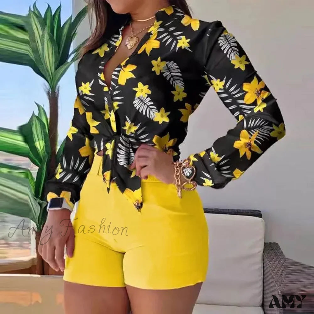 Floral Printed Tie Knot Top And Shorts Sets Blouse Black / S