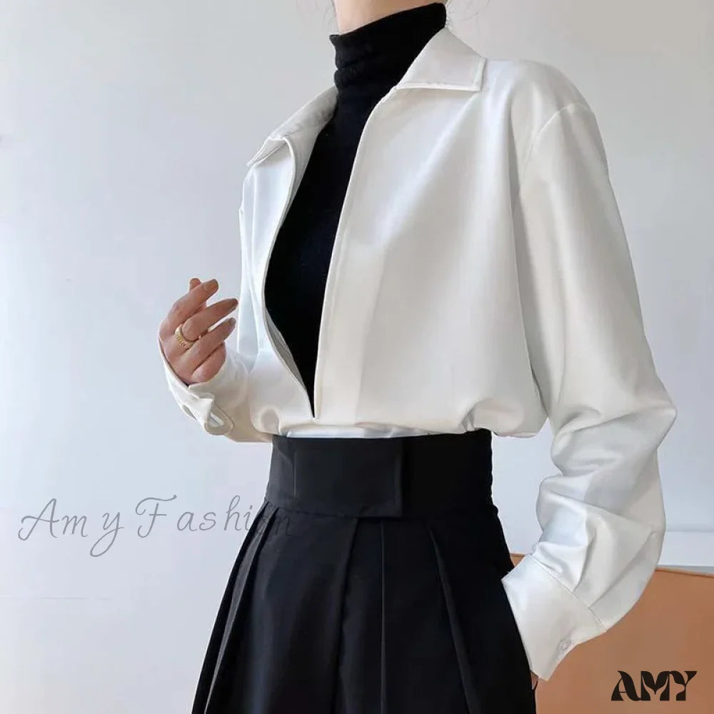 Gidyq Vintage Elegant Loose Fall Solid V-Neck Simple Outerwear Blouse