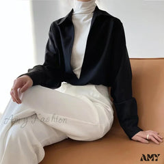 Gidyq Vintage Elegant Loose Fall Solid V-Neck Simple Outerwear Blouse Black / S