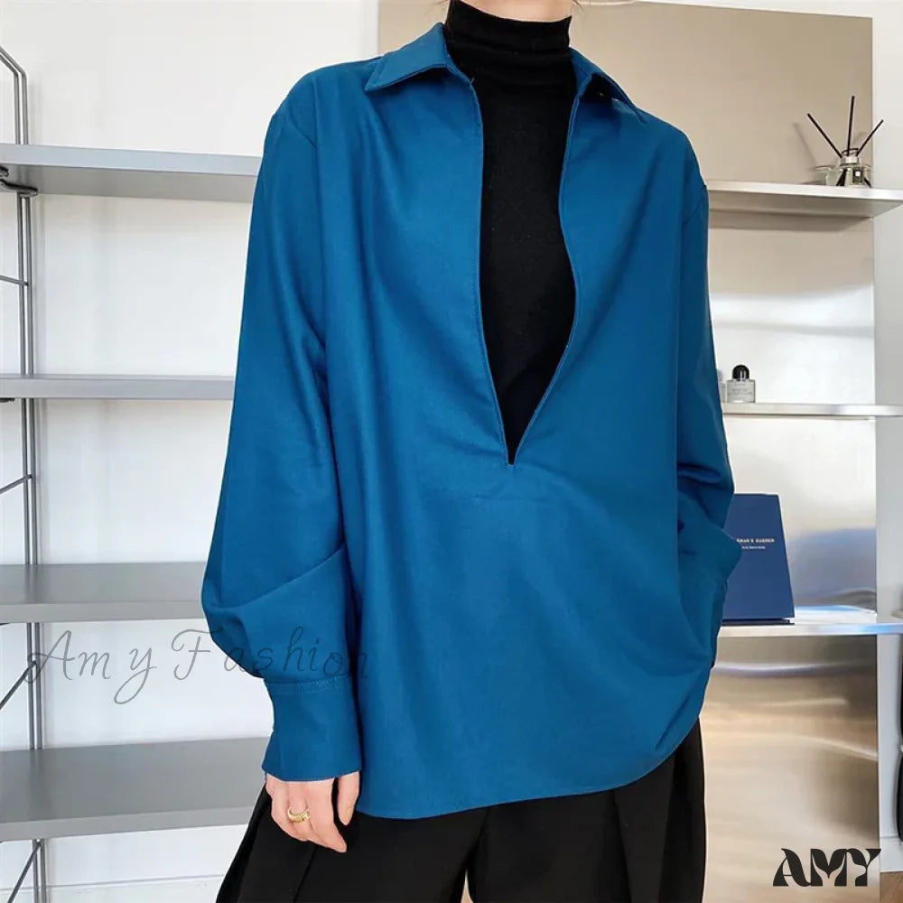 Gidyq Vintage Elegant Loose Fall Solid V-Neck Simple Outerwear Blouse Blue / S