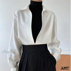 Gidyq Vintage Elegant Loose Fall Solid V-Neck Simple Outerwear Blouse White / S