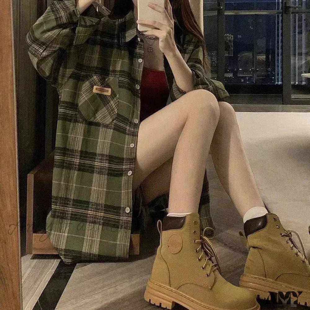 Green Plaid Streetwear Korean Office Lady Oversize Casual Preppy Tops Blouse