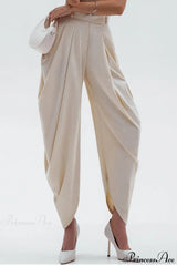 High-Waisted Loose Drapey Ruched Pants Apricot / XS