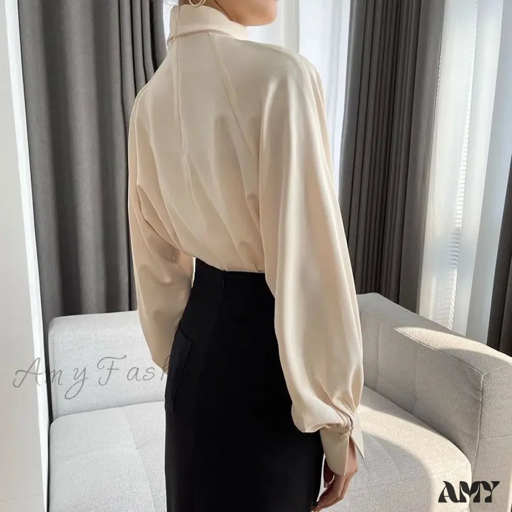Irregular Ladies Solid Color Temperament Pleated Stand Collar Blouse