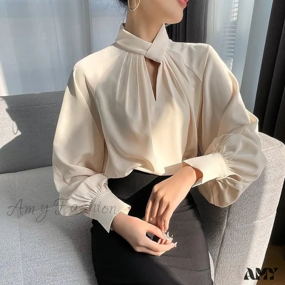 Irregular Ladies Solid Color Temperament Pleated Stand Collar Blouse
