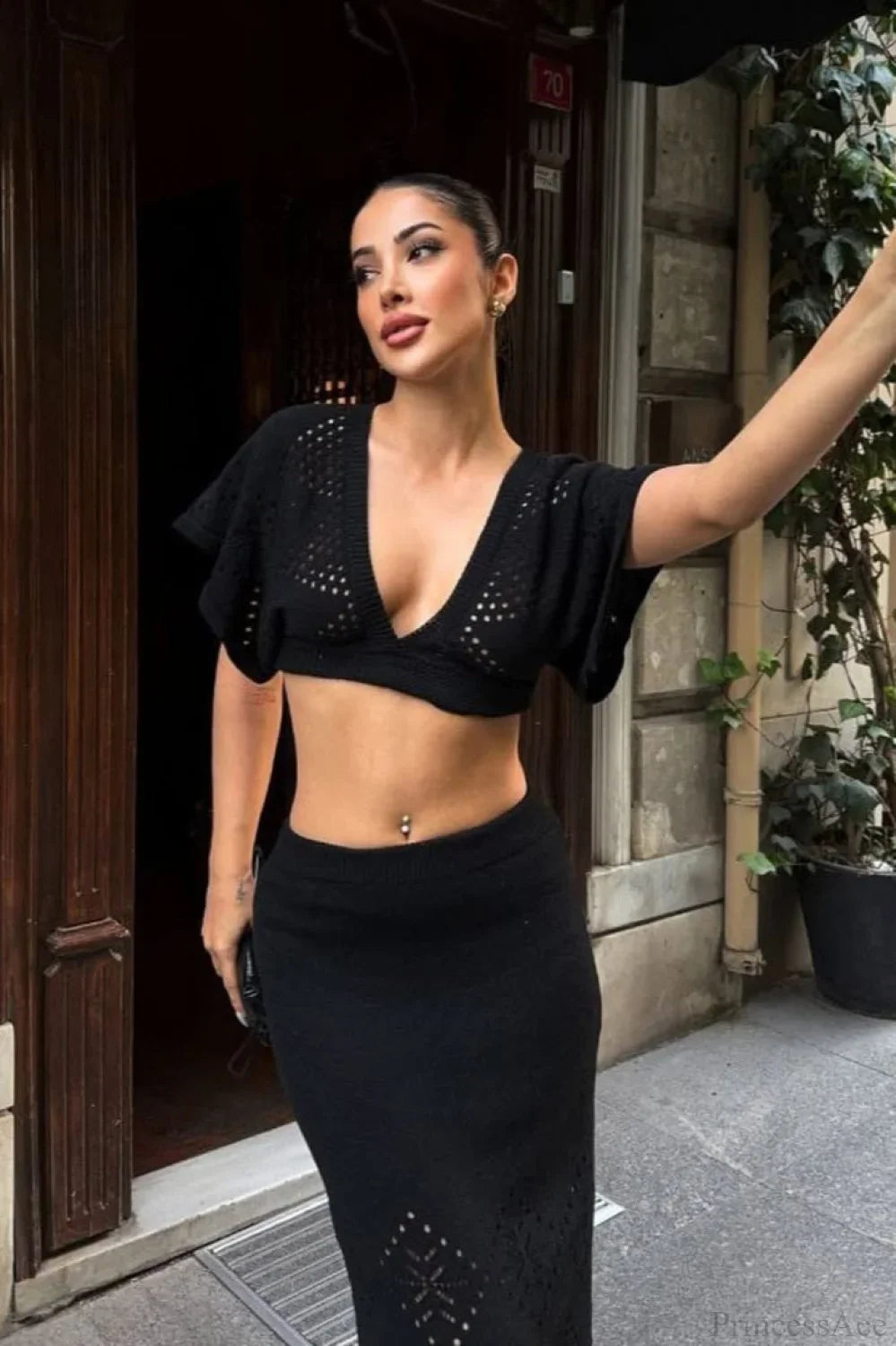 Knit Openwork V-Neck Cropped Bodycon Two Piece Set Black / S