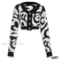 Knitted Color Patchwork Slim Short V Neck Long Sleeve Single Breasted Pink Casual Sweater Black / S