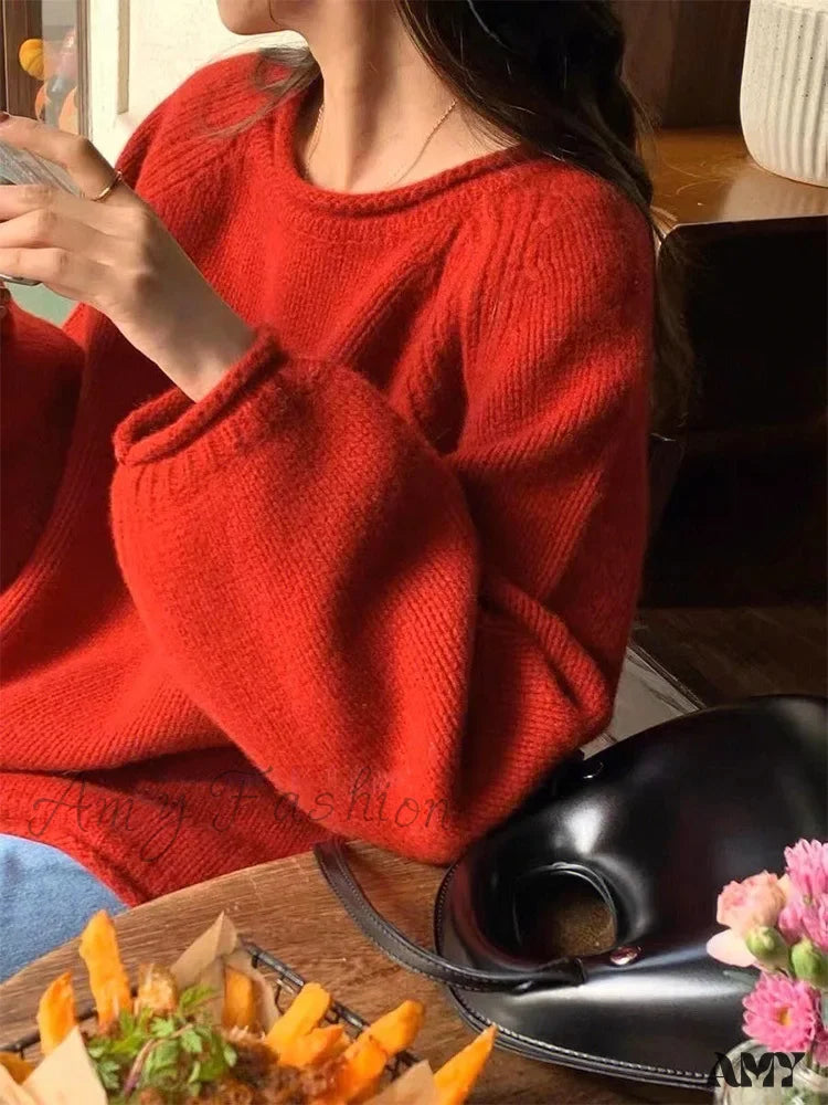 Korean Knitted Pullover Women O-Neck Jumper Long Sleeve Autumn Winter Cozy Loose Stylish Chic