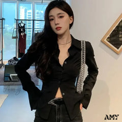 Lace Hotsweet Flare Solid Streetwear Wild Tops Blouse Black / S