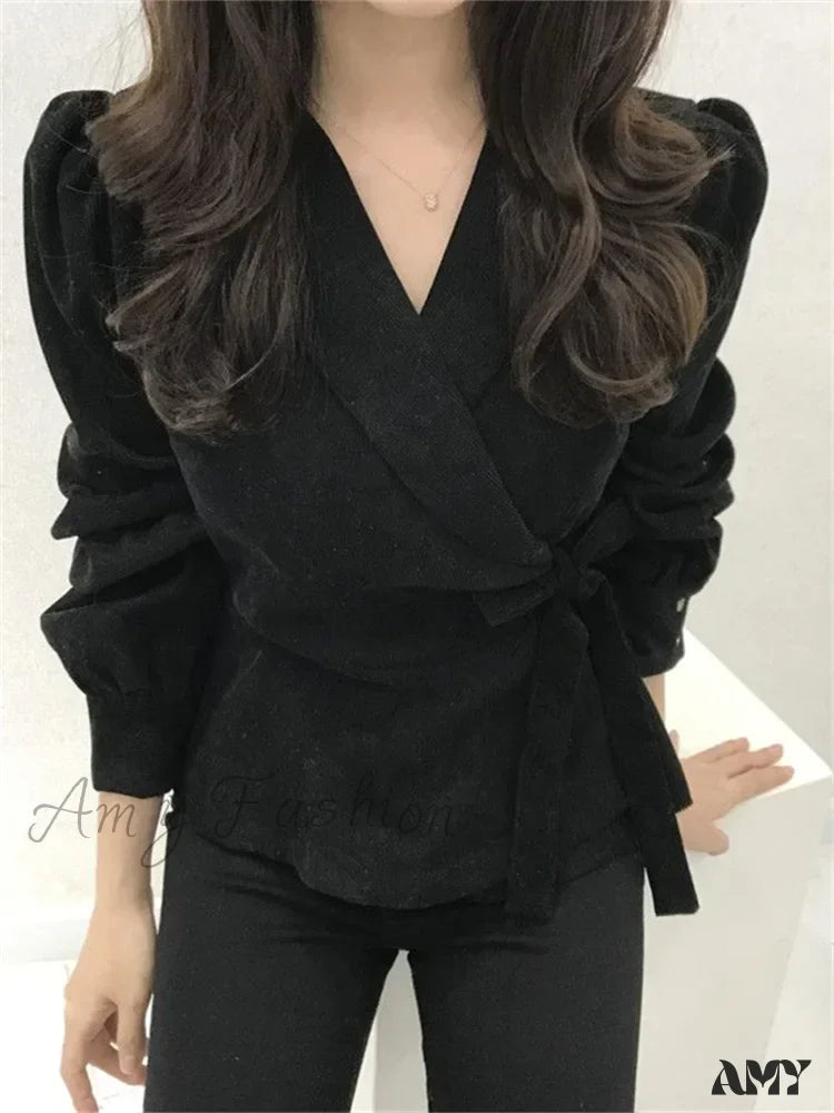 Lace-Up Vintage V-Neck Long Sleeve Elegant Slims Blouse Black / S