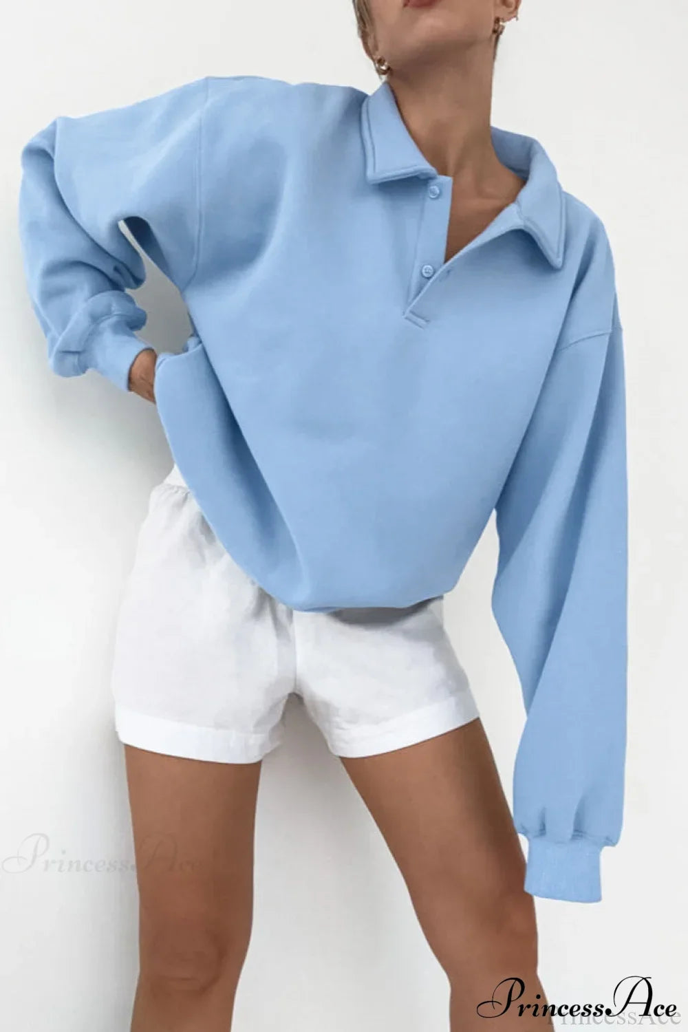 Lantern Sleeve Polo Collar Loose Sweatshirt Blue / S