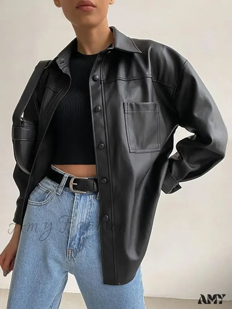 Leather Autumn Thin Bomber Vintage Long Sleeve Buttons Lapel Casual Solid Work Jacket Black / S