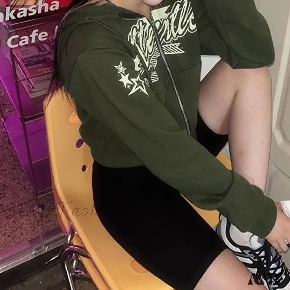Letter Star Print Punk Retro Green Zipper Long Sleeve Hoodie