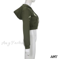 Letter Star Print Punk Retro Green Zipper Long Sleeve Hoodie
