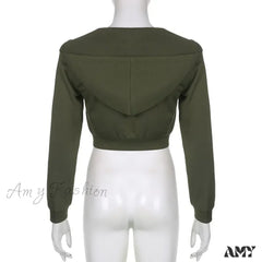 Letter Star Print Punk Retro Green Zipper Long Sleeve Hoodie