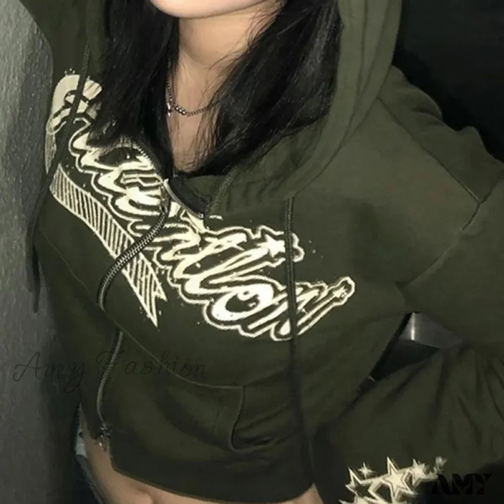 Letter Star Print Punk Retro Green Zipper Long Sleeve Hoodie / S