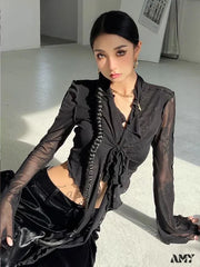 Long Flare Sleeve Lace-Up Mesh Sexy Sweet Elegant Casual Blouse