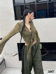 Long Flare Sleeve Lace-Up Mesh Sexy Sweet Elegant Casual Blouse