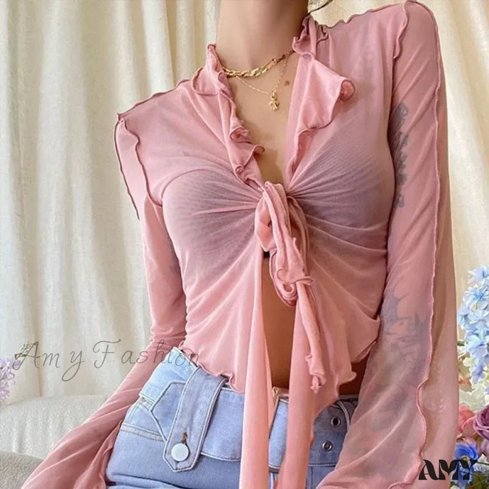 Long Flare Sleeve Lace-Up Mesh Sexy Sweet Elegant Casual Blouse Pink / One Size