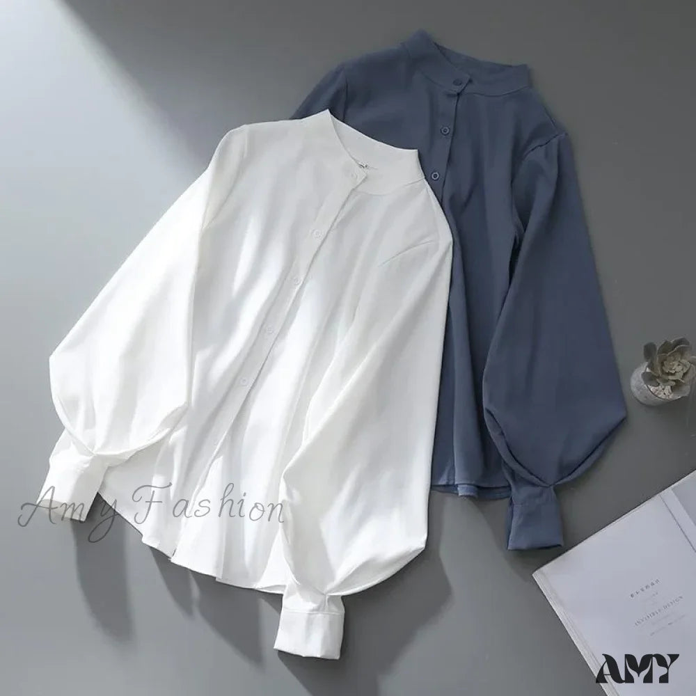 Loose Korean Office Ladies Fashion Button Up Lantern Stand Collar Tops Blouse