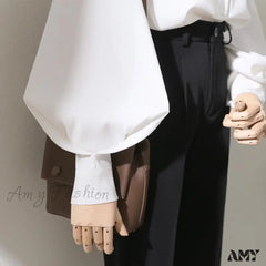 Loose Korean Office Ladies Fashion Button Up Lantern Stand Collar Tops Blouse