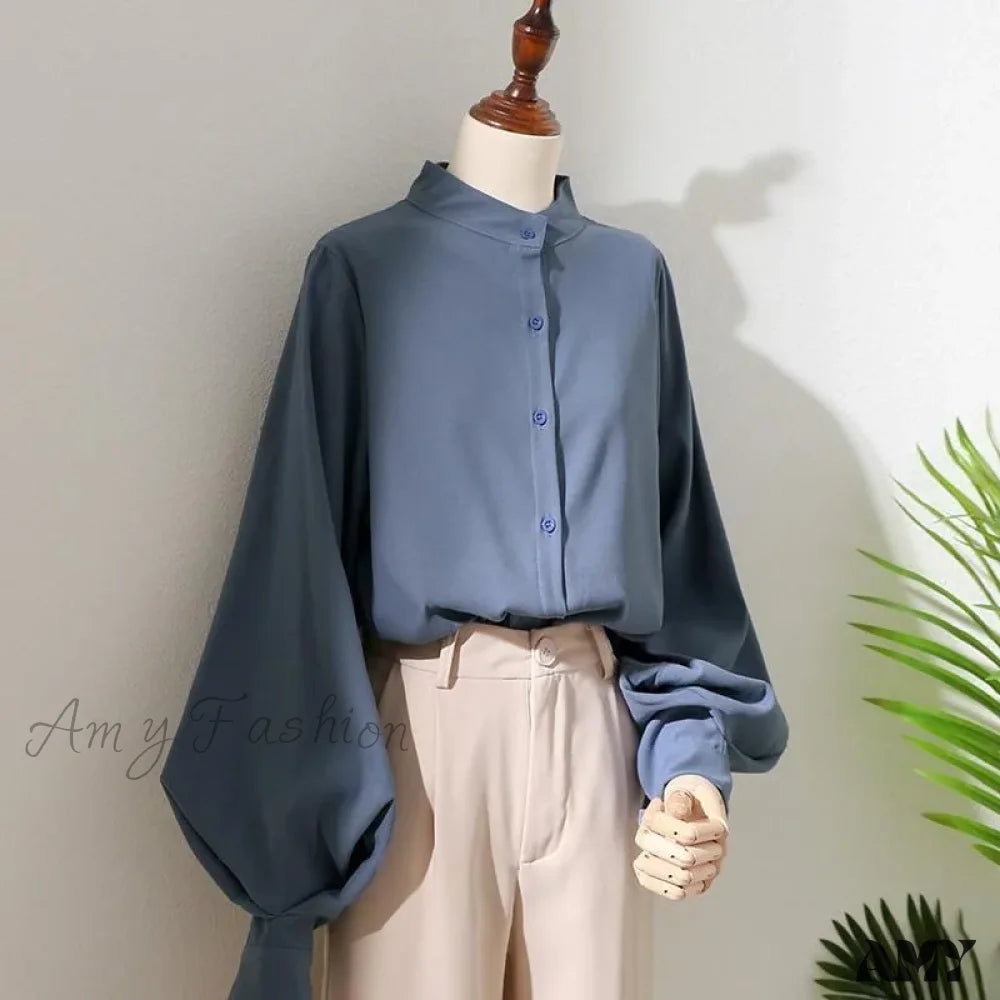 Loose Korean Office Ladies Fashion Button Up Lantern Stand Collar Tops Blouse Blue / S