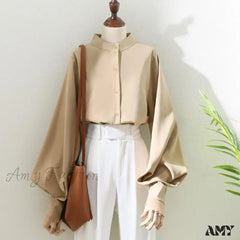 Loose Korean Office Ladies Fashion Button Up Lantern Stand Collar Tops Blouse Khaki / S