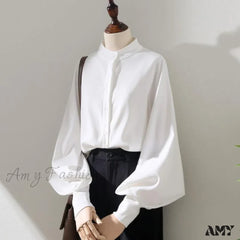 Loose Korean Office Ladies Fashion Button Up Lantern Stand Collar Tops Blouse White / S