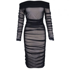 Robe moulante mini à épaules dénudées et manches longues froncées FSP19054