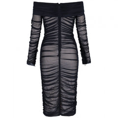 Robe moulante mini à épaules dénudées et manches longues froncées FSP19054