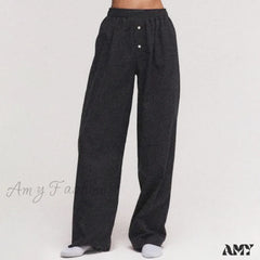 Oversize Loose Wide Leg Casual Solid Color Print Elastic Pants Black / S