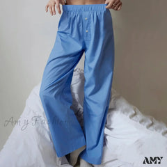 Oversize Loose Wide Leg Casual Solid Color Print Elastic Pants Blue / S