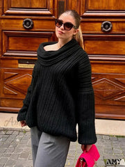 Oversized Sexy Slash Neck Knit Long Sleeve Irregular Casual Sweater Black / One Size