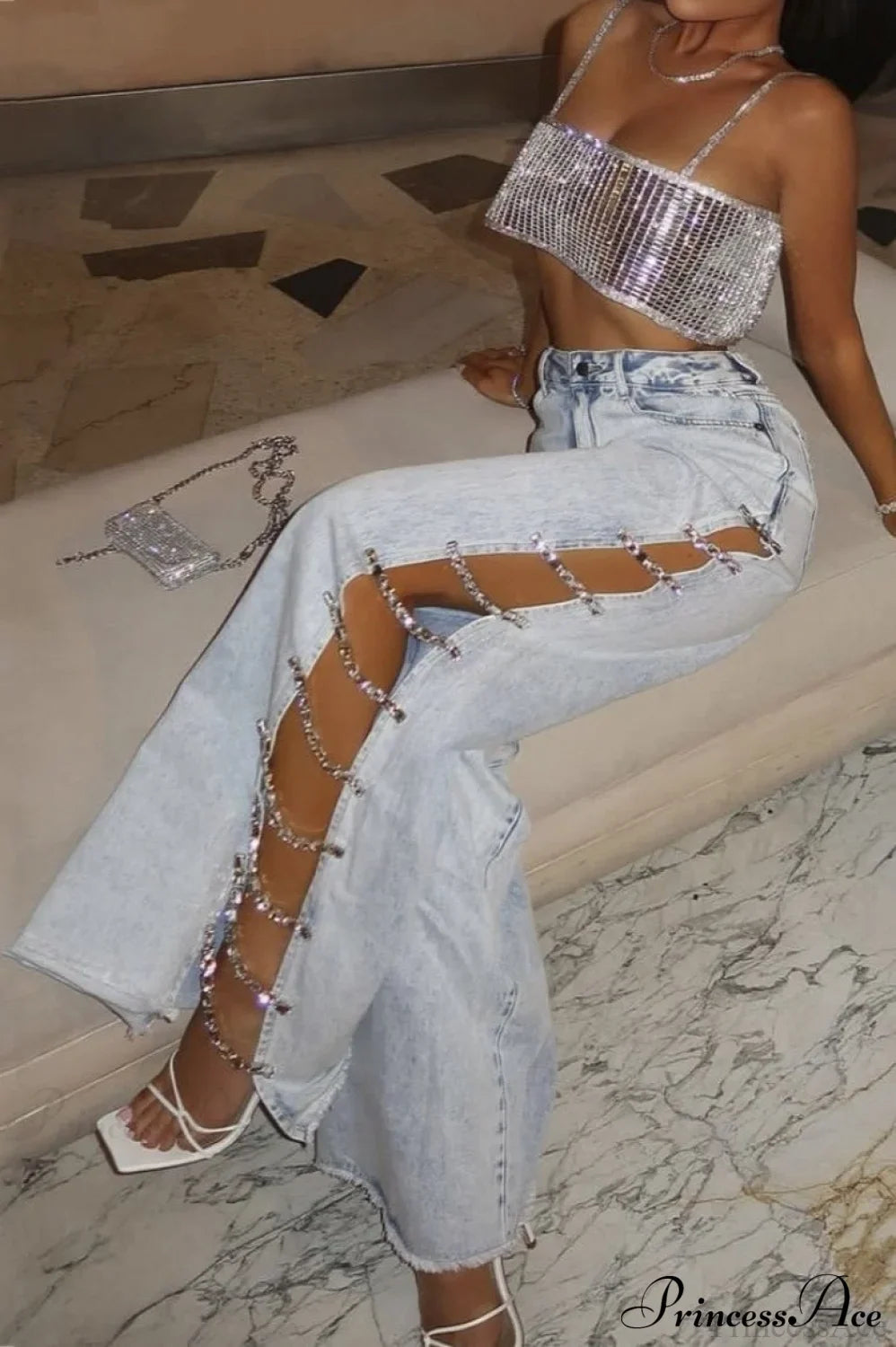 Relaxed Mid-Rise Diamond Paneled Side Cut-Out Jeans